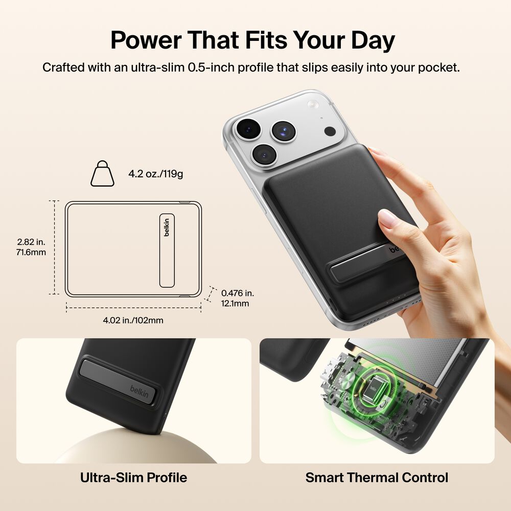 Slim Magnetic Power Bank 5K with Qi2, Black, hi-res