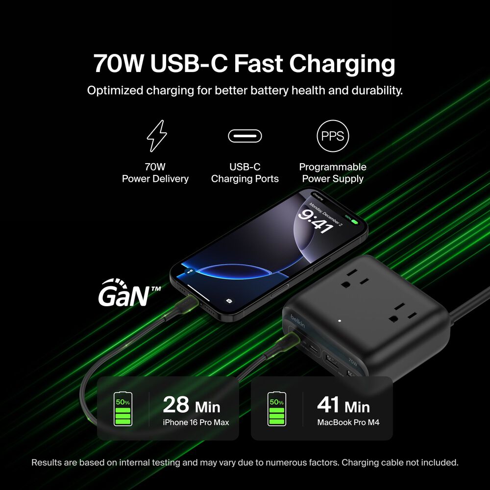 3-Outlet Charging Station with 2 USB-A and 2 USB-C Ports 70W, Black, hi-res