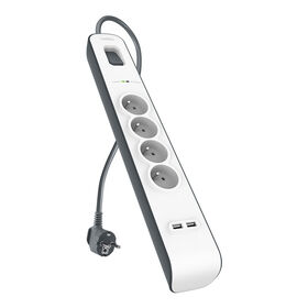 Spanningsbeveiliger met 4 stopcontacten en USB-laadpoorten (2,4 A), White/Gray, hi-res