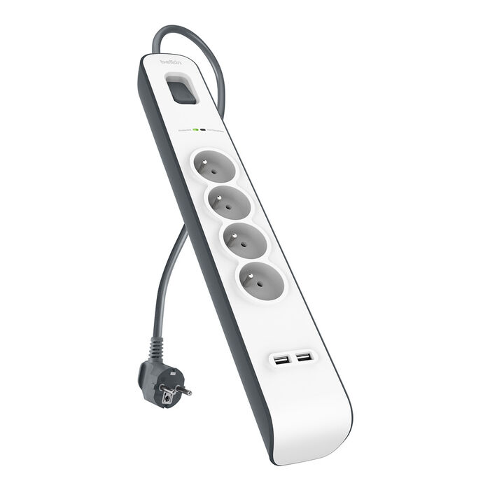 Spanningsbeveiliger met 4 stopcontacten en USB-laadpoorten (2,4 A), White/Gray, hi-res