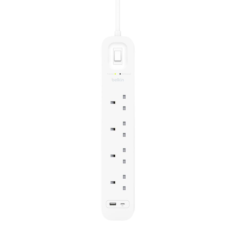 防雷拖板連 USB-C 和 USB-A 連接埠 (4 位連 1 個 USB-C 和 1 個 USB-A) | Belkin HK
