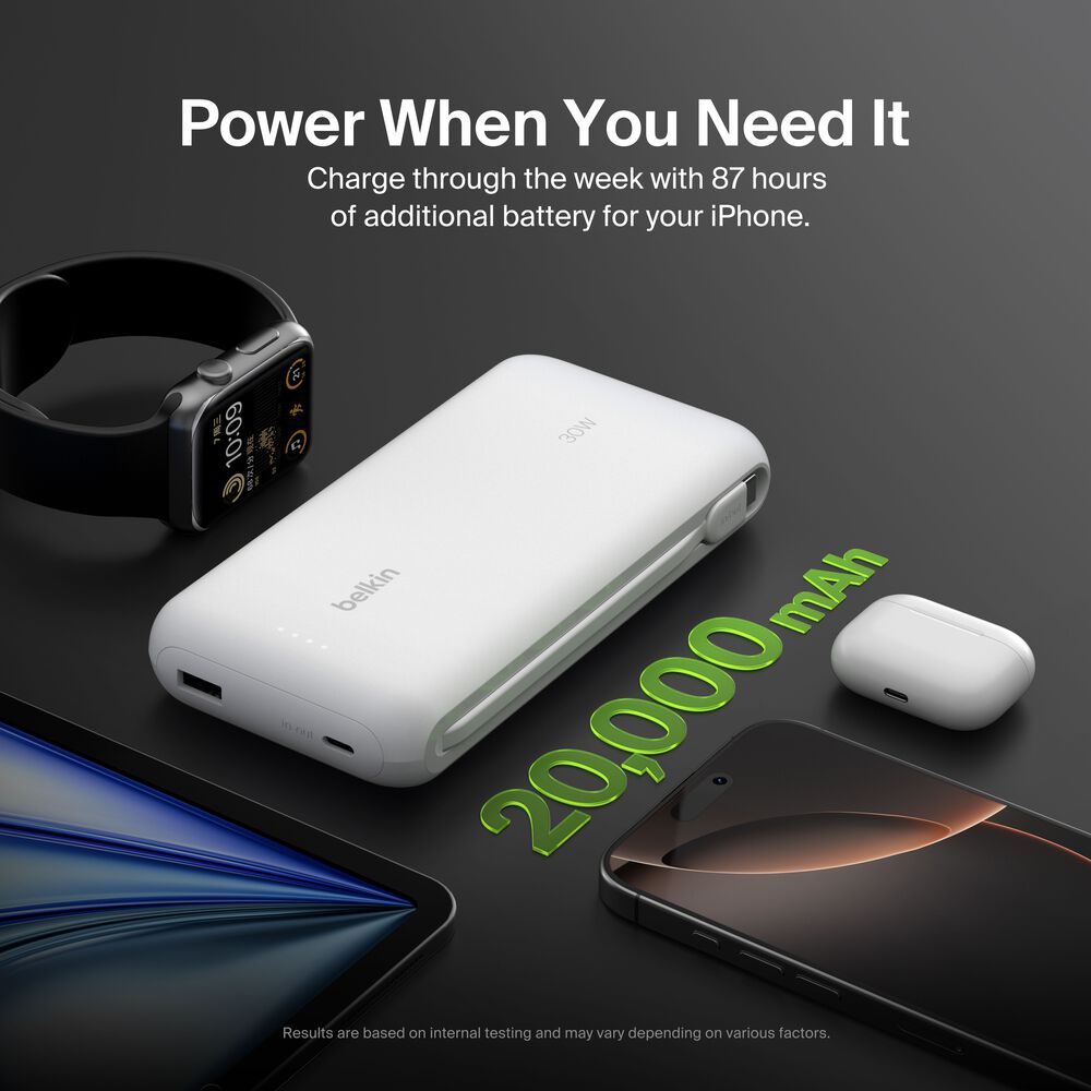 Power Bank 20K with Integrated Cable, White, hi-res