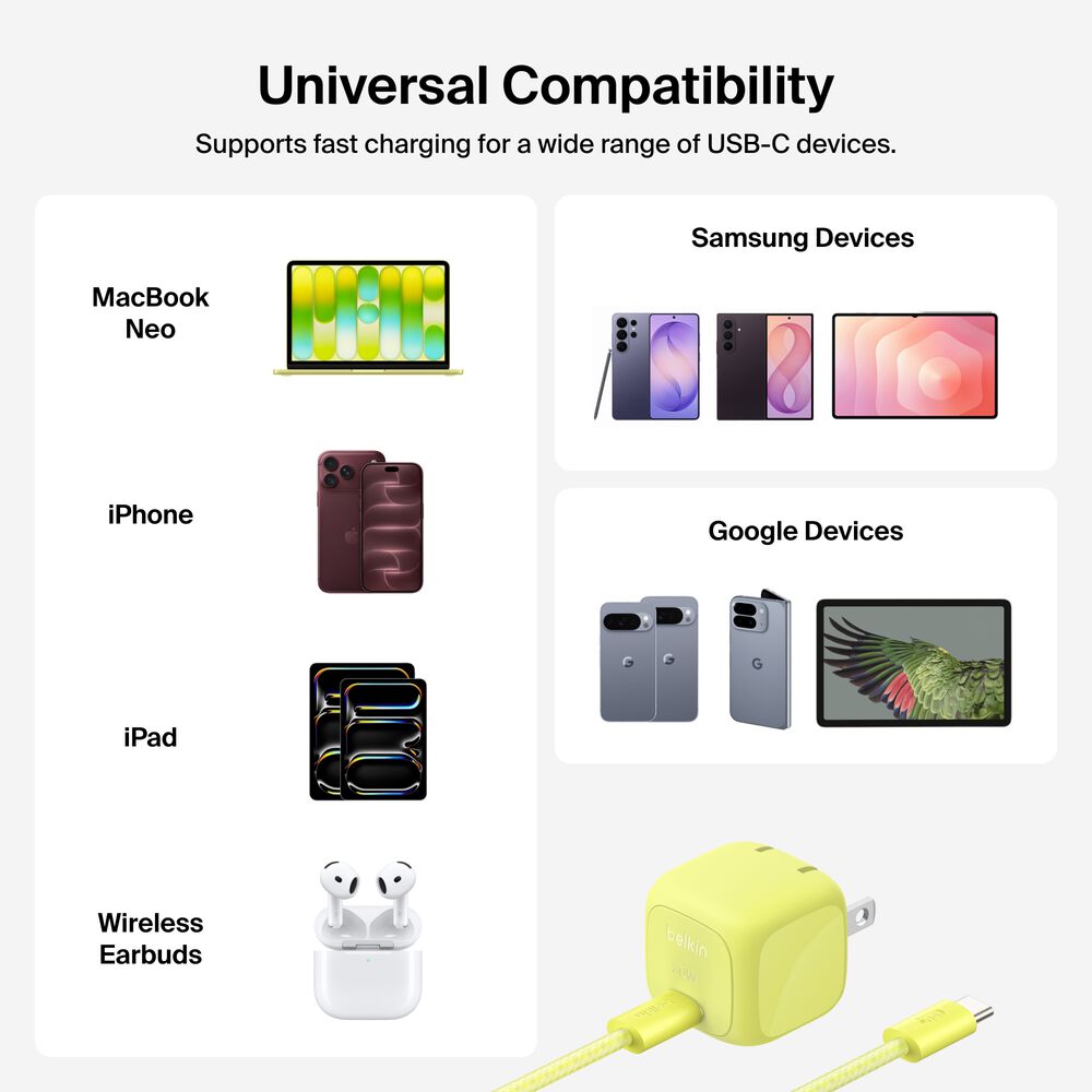 Compact USB-C Charger 30W + Braided USB-C Cable for MacBook Neo, Citrus Yellow, hi-res