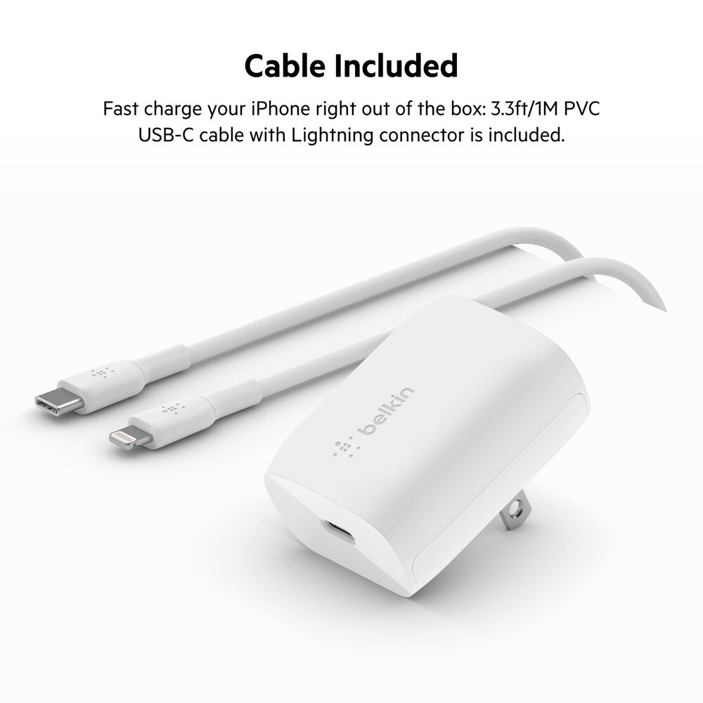 USB-C Wall Charger 20W + USB-C Cable with Lightning Connector, White, hi-res