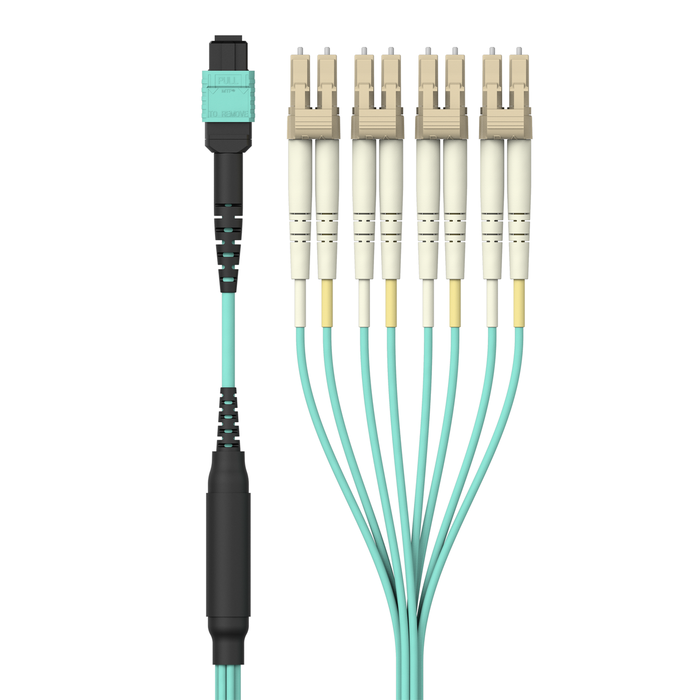 MTP to LC Fiber Optic Cable, 40GB Aqua Multimode MTP/8x LC, 50/125, OM3, Plenum, Aqua, hi-res