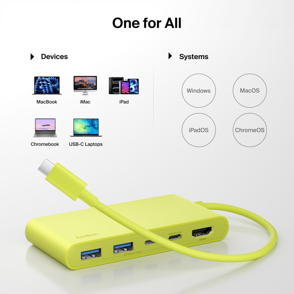 5-Port USB-C Hub with Dual USB-C Ports for MacBook Neo, Citrus Yellow, hi-res