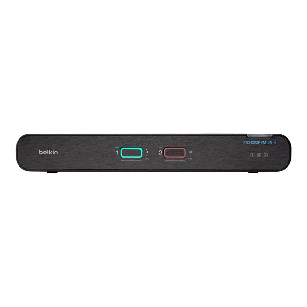 Belkin F1DN202KVM-UN-4 Universal Secure KVM Switch front view with illuminated LEDs