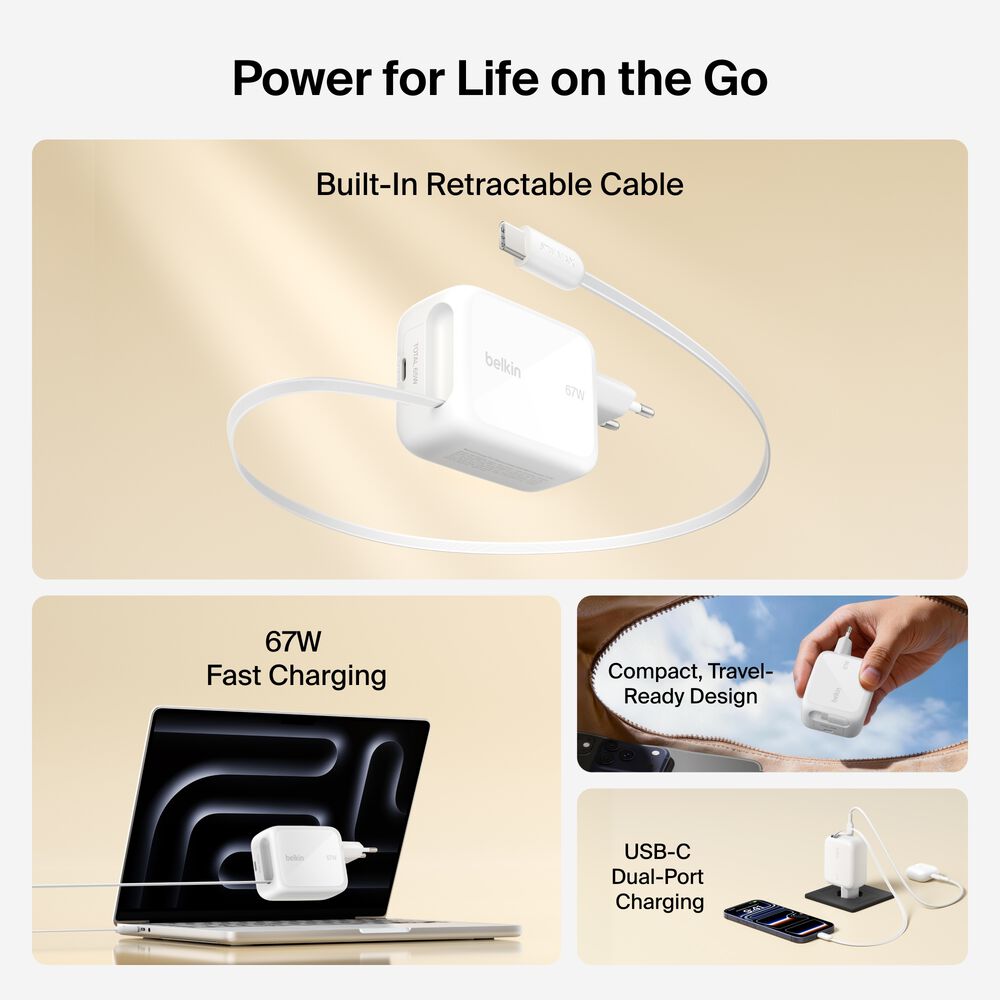 Retractable GaN Wall Charger 67W, , hi-res