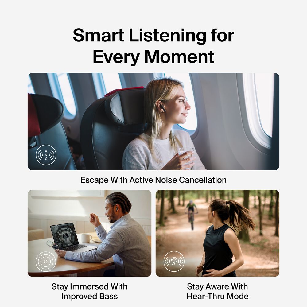 ANC Noise-Cancelling Earbuds, Black, hi-res