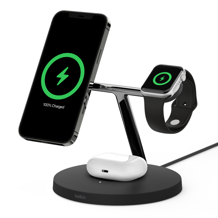 3-in-1 Wireless Charger with MagSafe 15W (Certified Refurbished), Black, hi-res