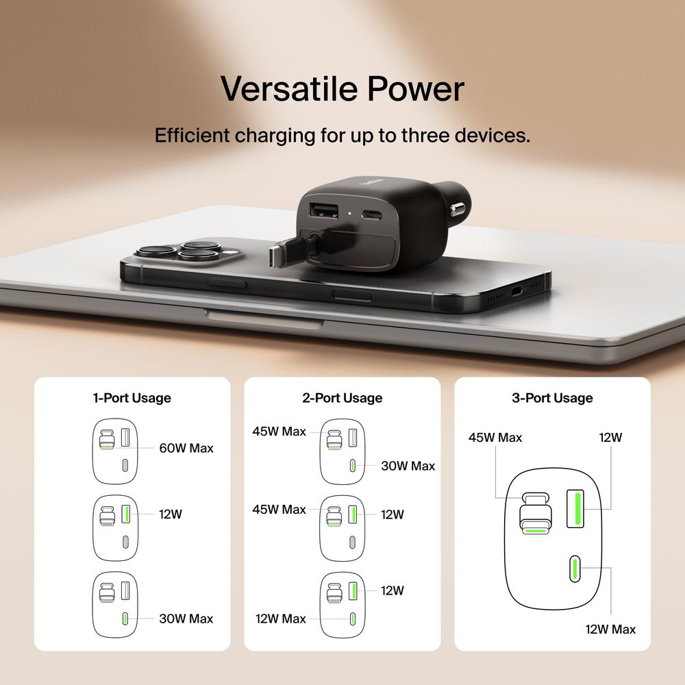 Retractable Car Charger 75W, Black, hi-res