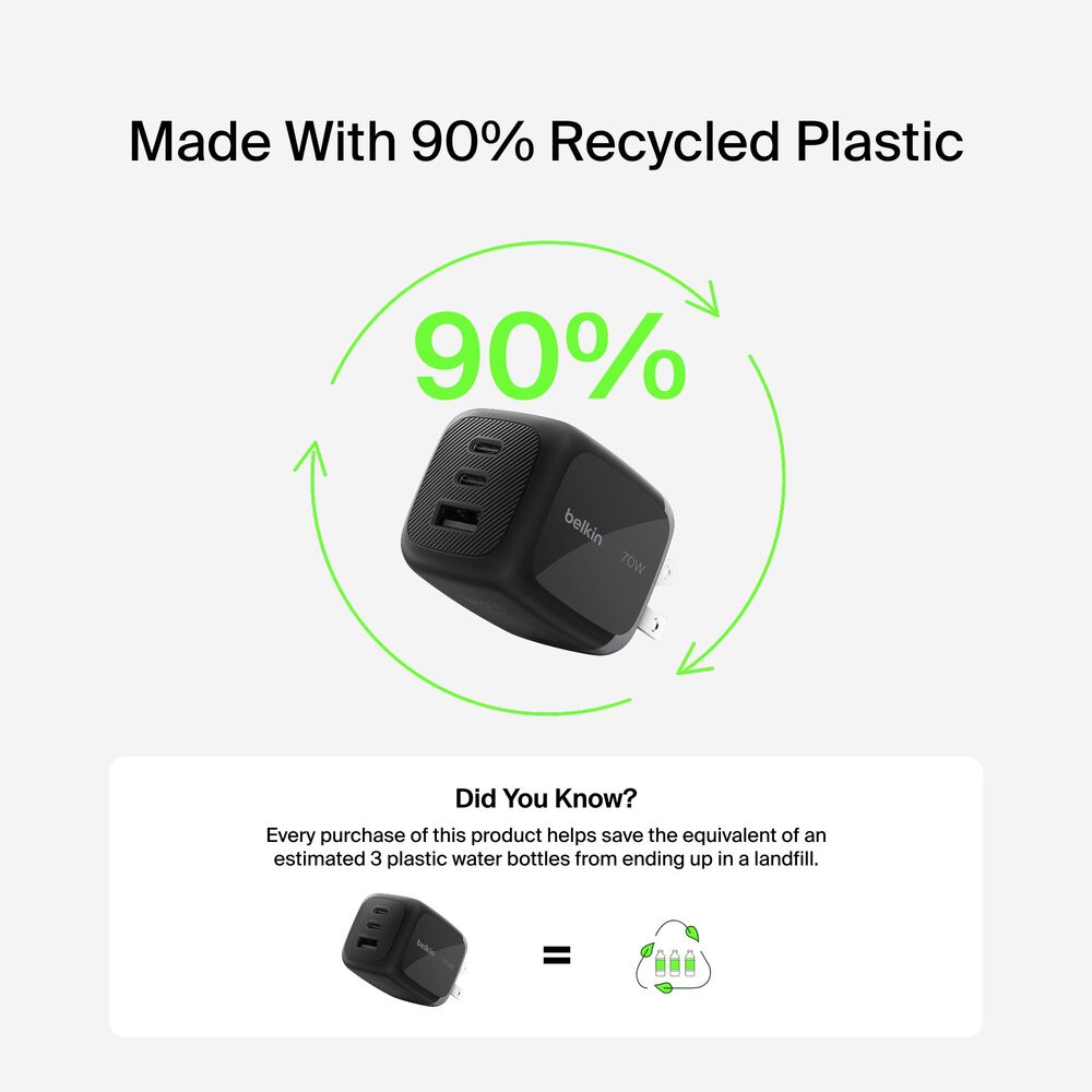 3-Port GaN Wall Charger 70W, Black, hi-res