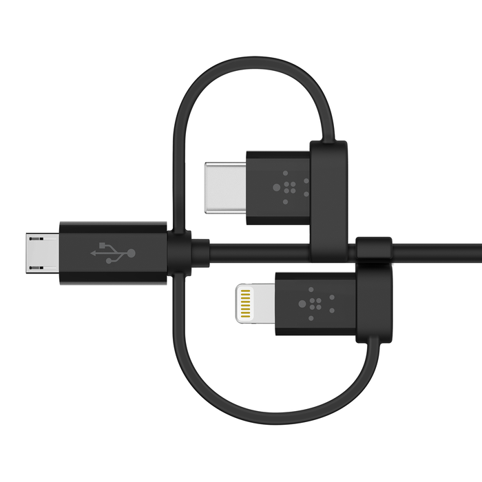 Universal Cable with Micro-USB, USB-C and Lightning Connectors, Black, hi-res