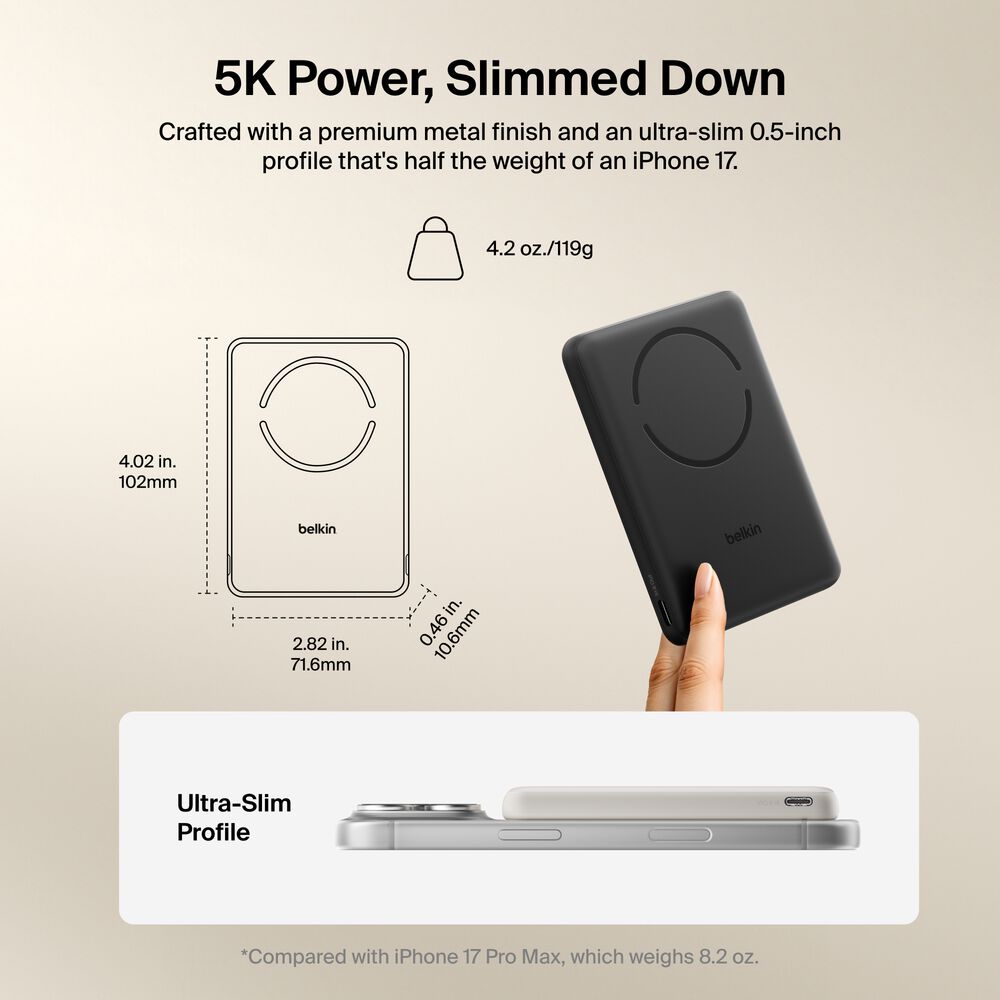 Slim Magnetic Power Bank 5K with Qi2, Black, hi-res