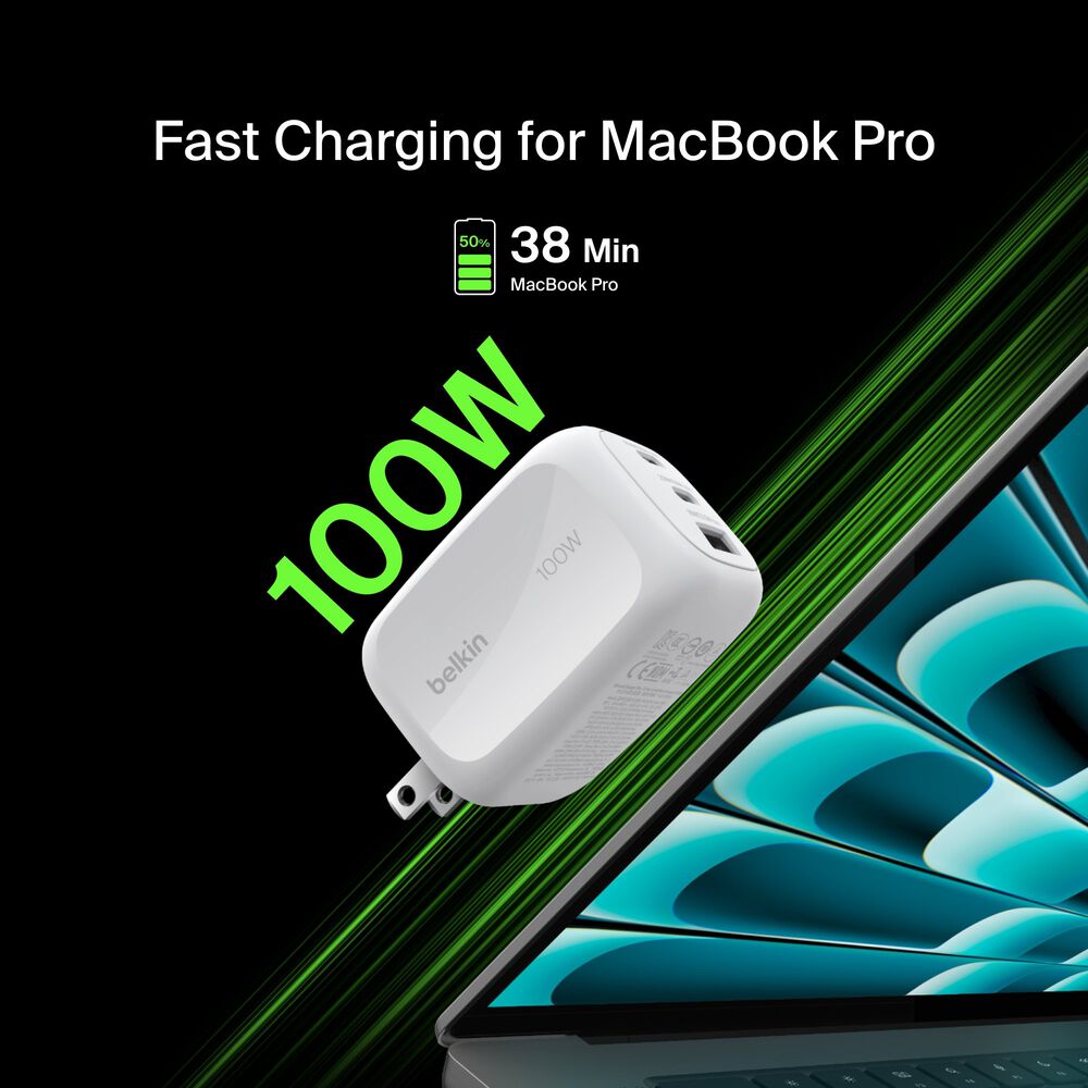 3-Port GaN Wall Charger 100W, White, hi-res