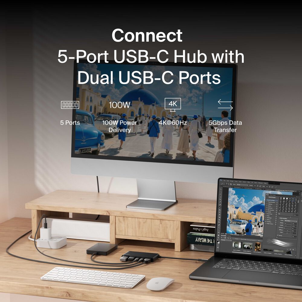 5-Port USB-C Hub with Dual USB-C Ports, Black, hi-res