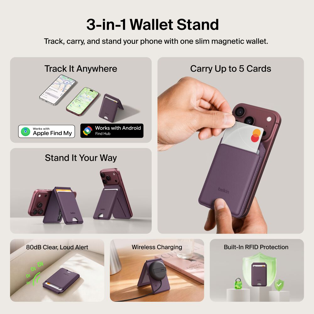 Wallet Stand with Bluetooth Tracker, Plum, hi-res