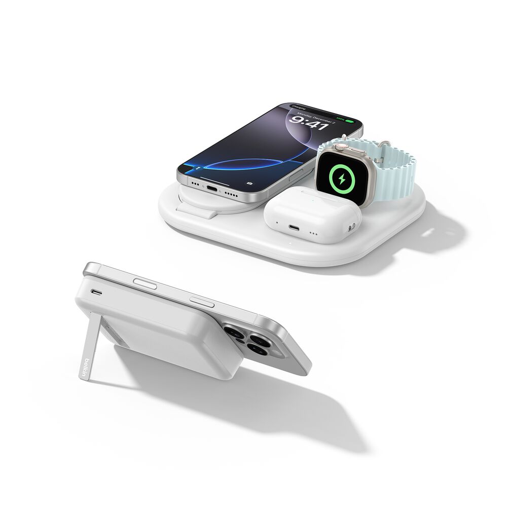 3-in-1 Magnetic Foldable Wireless Charger + Magnetic Power Bank Bundle, White, , hi-res
