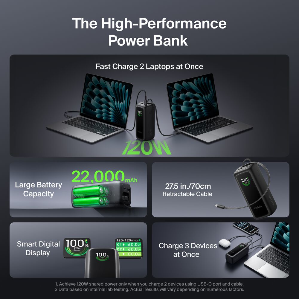 Power Bank 22K with Retractable Cable, Black, hi-res