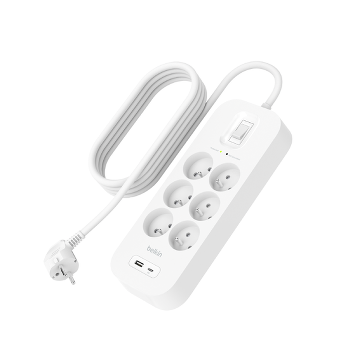 Multiprise parafoudre avec ports USB-C et USB-A (6 prises,1 port USB-C et 1 port USB-A), , hi-res