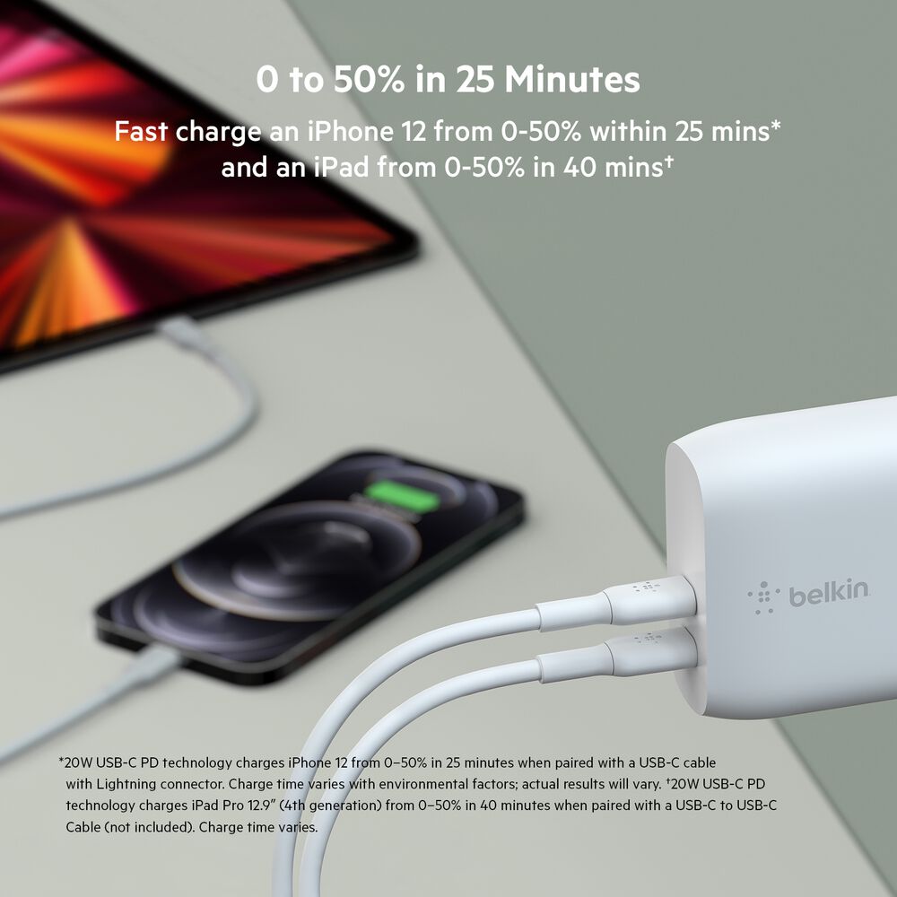 Dual USB-C PD Wall Charger 40W + USB-C to Lightning Cable, White, hi-res