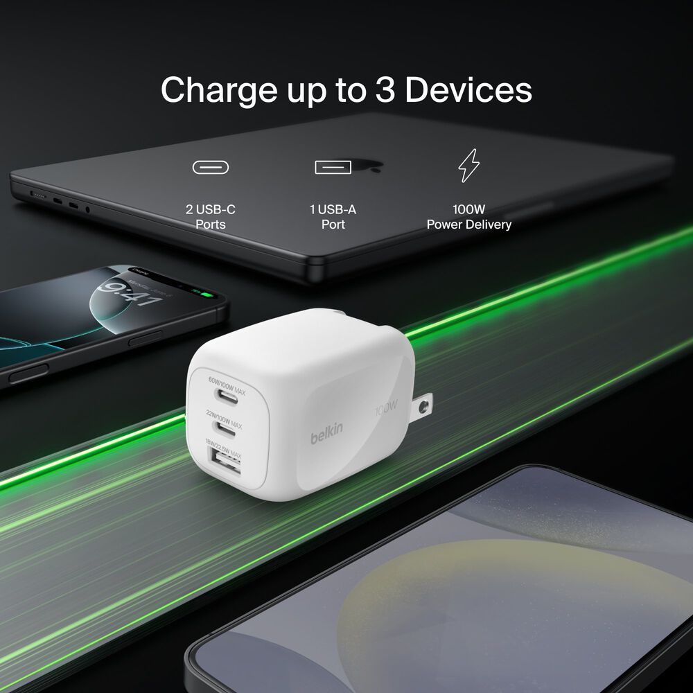 3-Port GaN Wall Charger 100W, White, hi-res