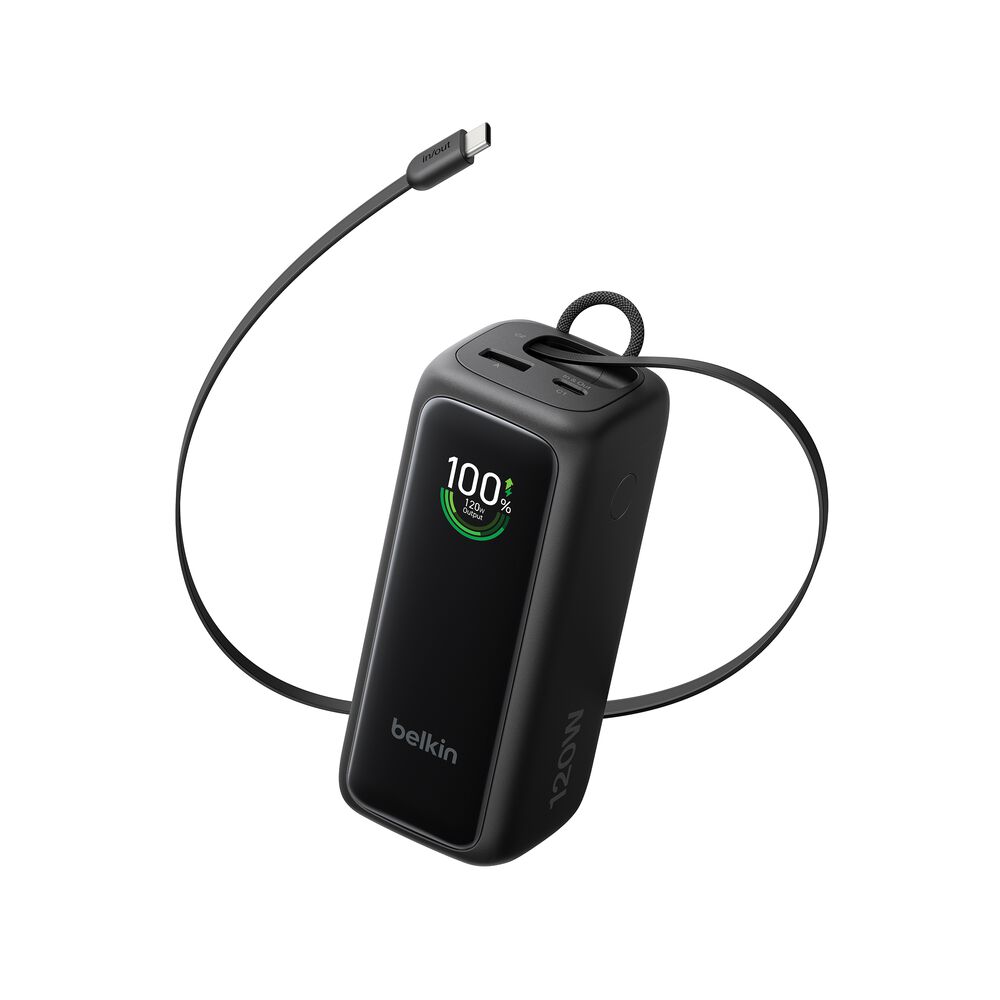 Power Bank 22K with Retractable Cable, Black, hi-res