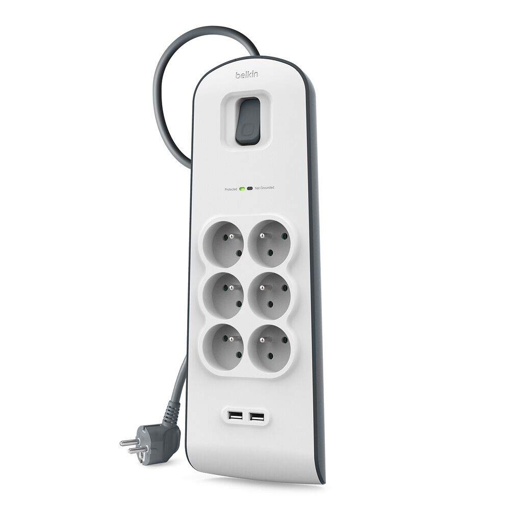 Multiprise parafoudre 6&nbsp;prises avec 2 ports USB 2,4&nbsp;A