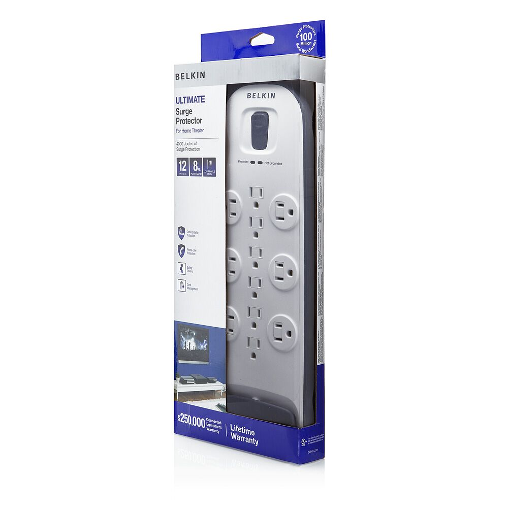 12-outlet Surge Protector with 8 ft Power Cord with Cable/Satellite and Telephone Protection, White, hi-res