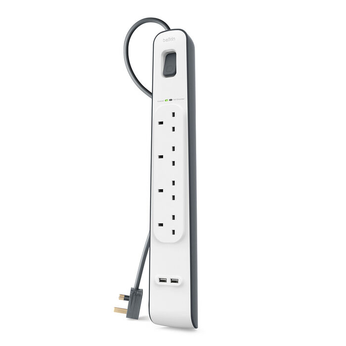 4 Outlets 2M Surge Protection Strip with 2 USB Ports, White/Gray, hi-res
