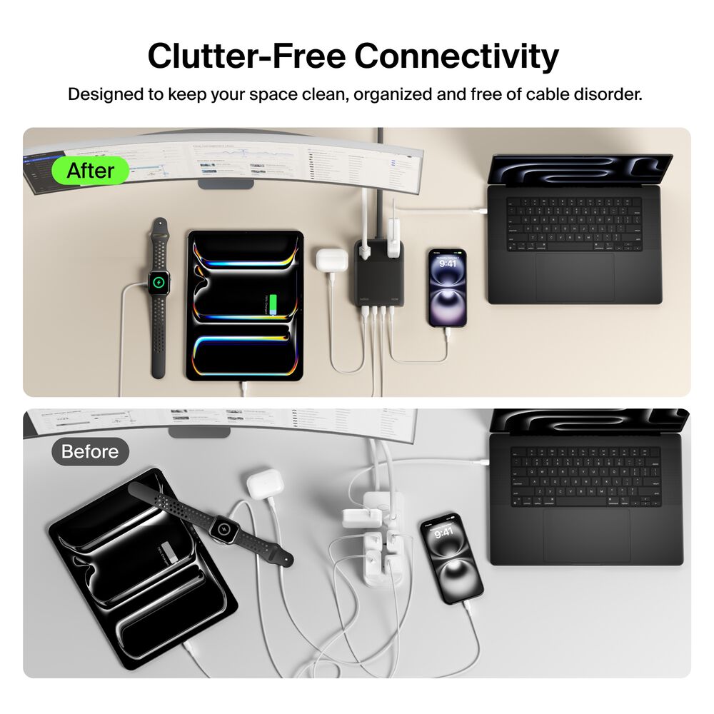 2-Outlet Charging Station with USB-A and 3 USB-C Ports 140W, Black, hi-res
