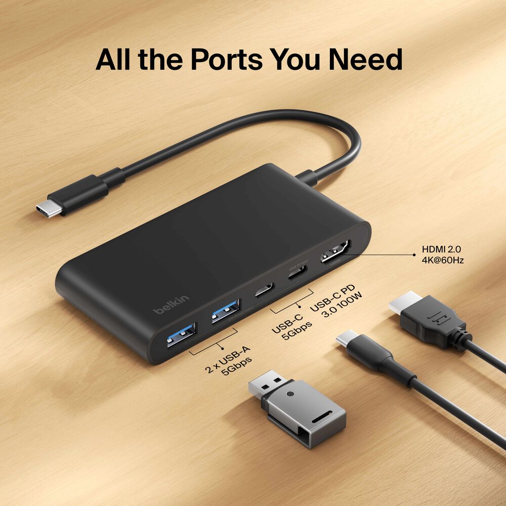 5-Port USB-C Hub with Dual USB-C Ports, Black, hi-res