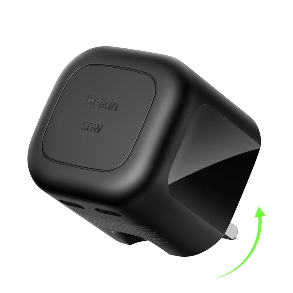 Dual USB-C GaN Wall Charger 50W, Black, hi-res