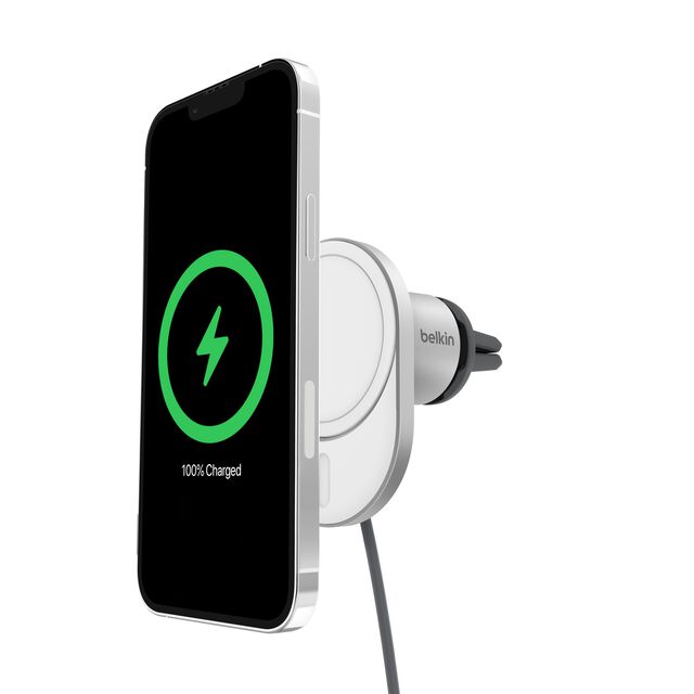 Belkin BoostCharge Pro magnetic wireless car charger with MagSafe holding an iPhone on a car vent