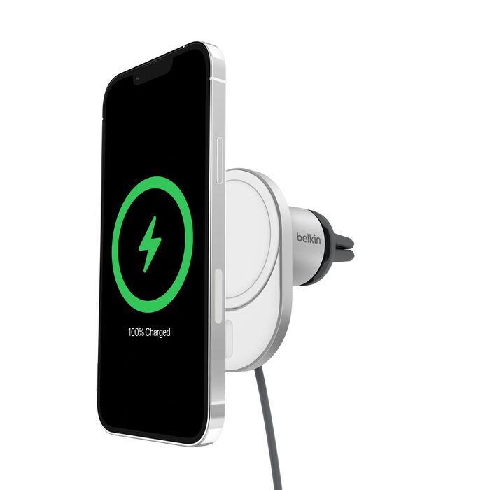 Belkin BoostCharge Pro Magnetic Wireless Car Charger with Qi2 15W, MagSafe-compatible magnetic car vent phone mount for iPhone 16, 15, 14, 13, 12 Series, 5ft /1.5m USB-C to USB-C cable included - Grey