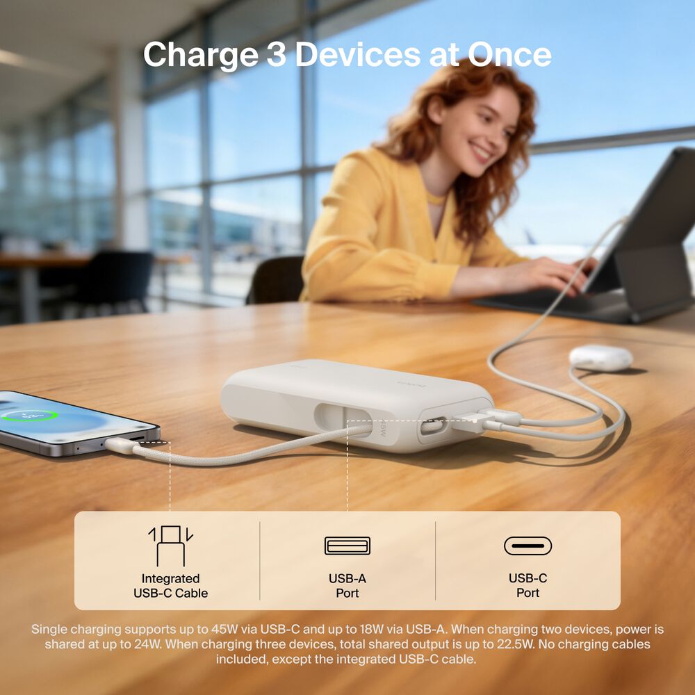 Power Bank 10K with Integrated Cable and Display, Sand, hi-res