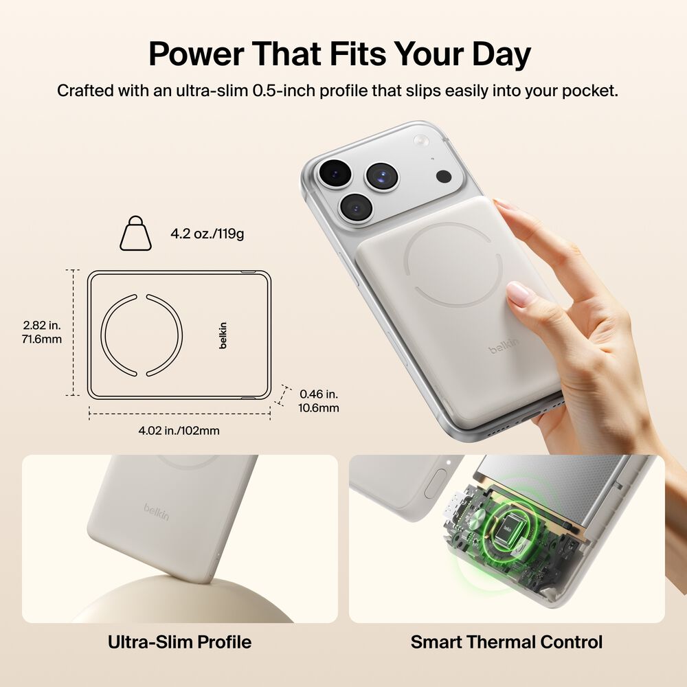 Slim Magnetic Power Bank 5K with Qi2, Sand, hi-res