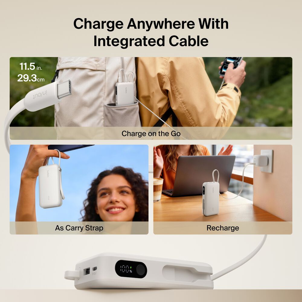 Power Bank 10K with Integrated Cable and Display, Sand, hi-res