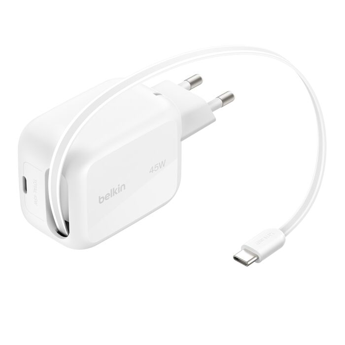 Belkin BoostCharge 45W retractable GaN wall charger in white