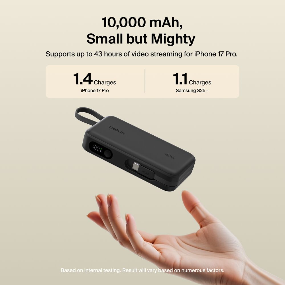 Power Bank 10K with Integrated Cable and Display, Black, hi-res