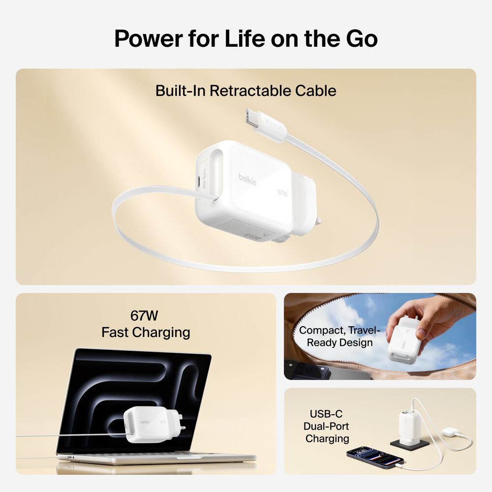 Retractable GaN Wall Charger 67W, , hi-res
