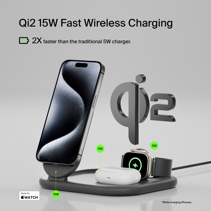 3 in 1 Magnetic Foldable Wireless Charger with Qi2 MagSafe compatible Belkin US