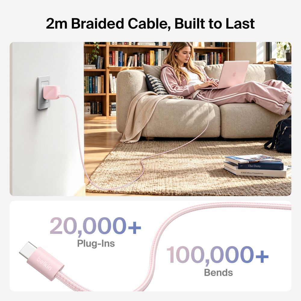 Compact USB-C Charger 30W + Braided USB-C Cable for MacBook Neo, Pink, hi-res
