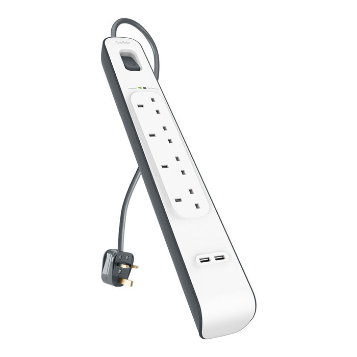 4 Outlets 2M Surge Protection Strip with 2 USB Ports, White/Gray, hi-res