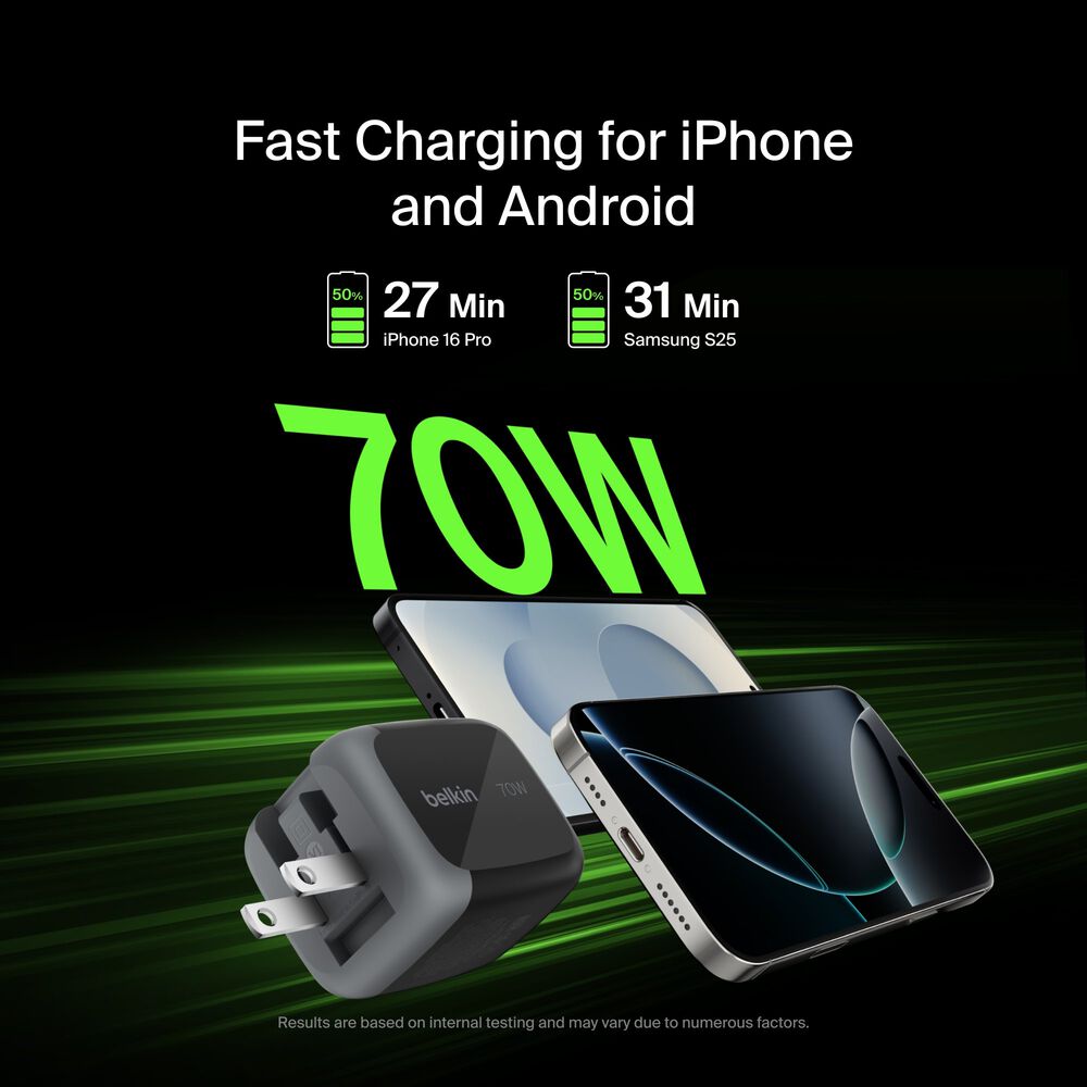 3-Port GaN Wall Charger 70W, Black, hi-res