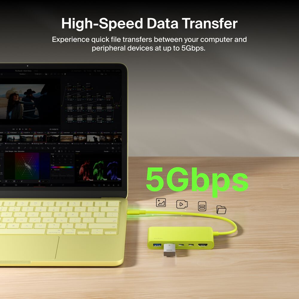 5-Port USB-C Hub with Dual USB-C Ports for MacBook Neo, Citrus Yellow, hi-res