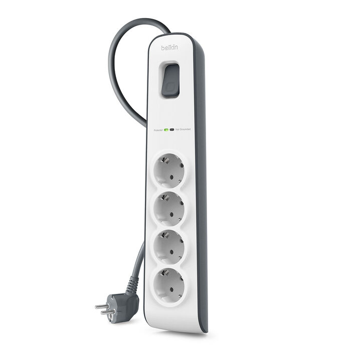 4fach Überspannungsschutz-Steckdosenleiste mit 2-m-Netzkabel, White/Gray, hi-res