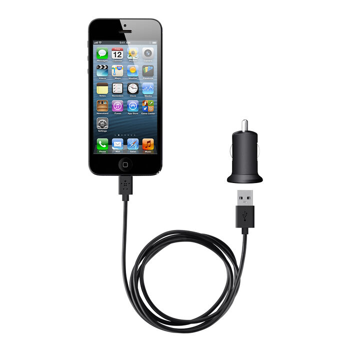 Car Charger + Lightning ChargeSync Cable for iPhone 5 (2.1 Amp), Black, hi-res