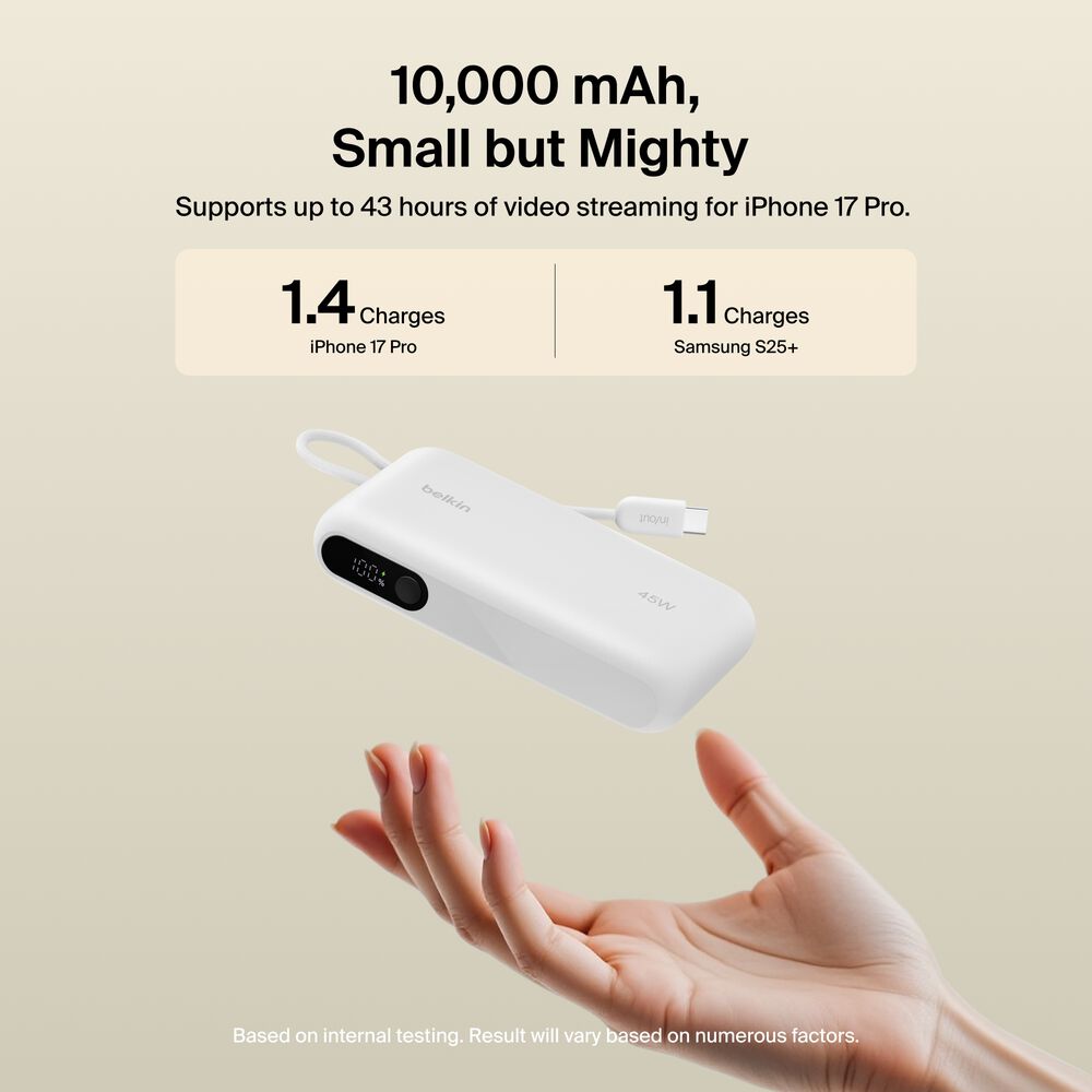 Power Bank 10K with Integrated Cable and Display, White, hi-res