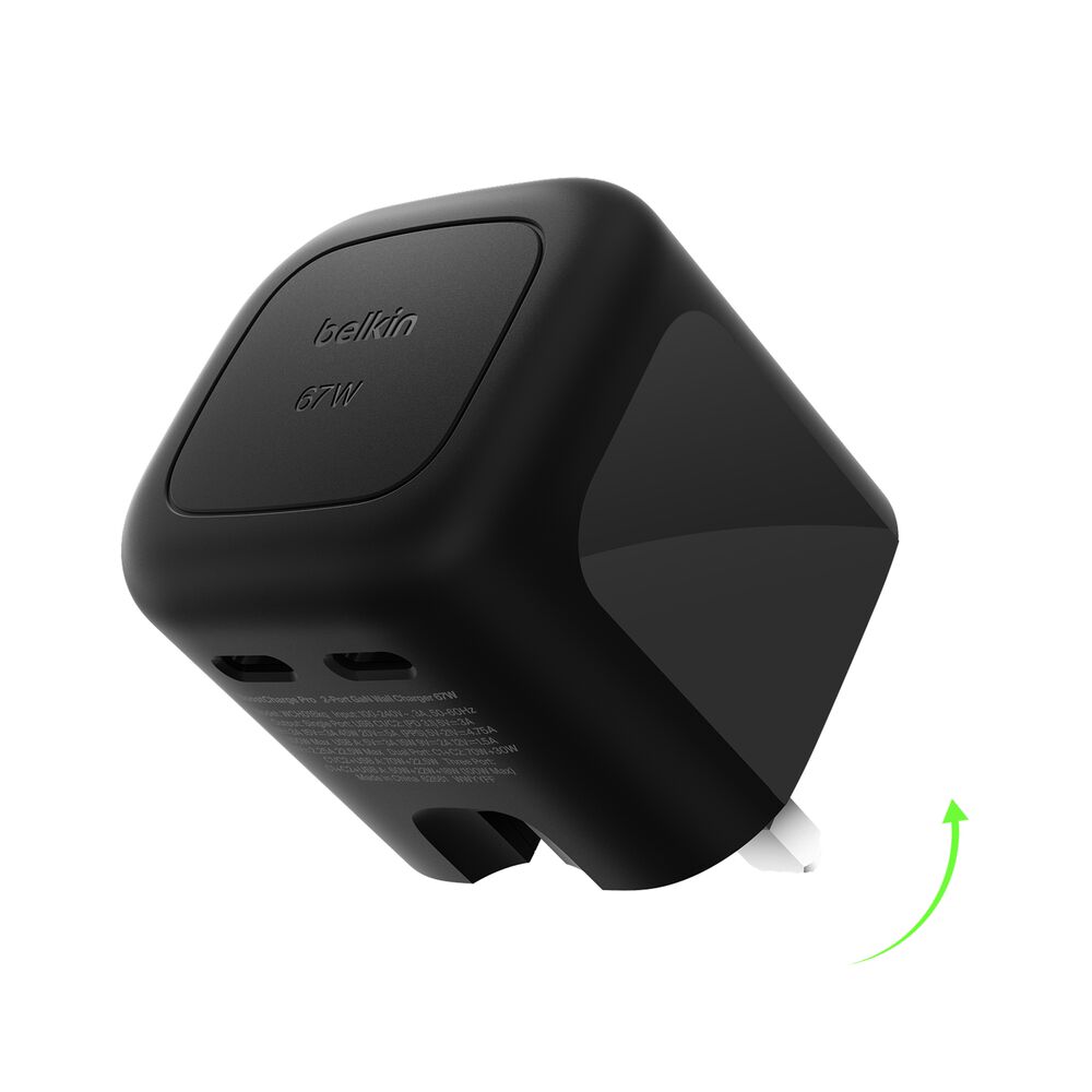 Dual USB-C GaN Wall Charger 67W, Black, hi-res